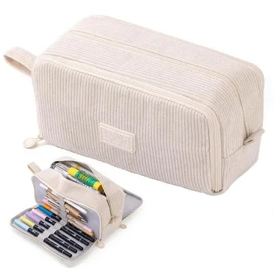 Produktbild von Beige Corduroy-Etui mit 3 Fächern für Schule und Büro