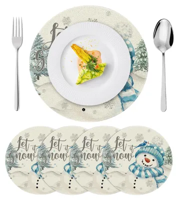Runde Weihnachts-Tischsets, 4er-Set, Leinen, 36 cm, waschbar, Weihnachtsdeko