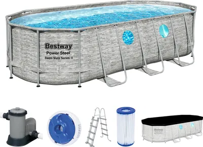 Produktbild von Bestway® Power Steel™ Swim Vista Series™ Frame Pool Komplett-Set mit Filterpumpe 549 x 274 x 122 cm, Steinwand-Optik (Cremegrau), oval