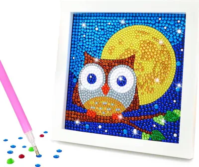 Produktbild von Diamond Painting Kinder Set, 5D DIY Cartoon Diamant Painting Bilder, 15x15cm Leinwand und mit 18x18cm Bilderrahmen für Kinder und Erwachsene geeignet, Eule