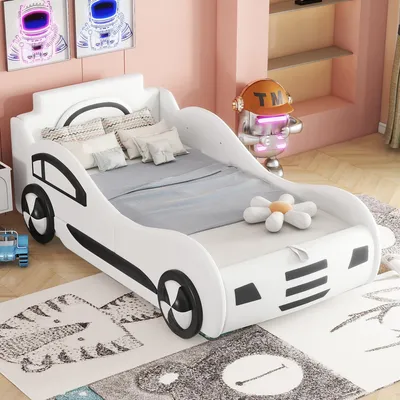Image de OKWISH Lit simple 90x200 - Lit voiture avec sommier à lattes et rangement - Sans matelas - Blanc