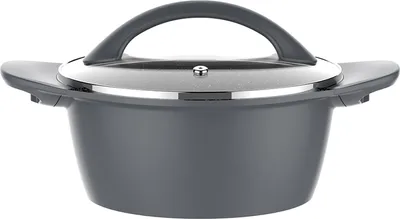 A studio shot of a gray pot with a glass lid and a black handle.