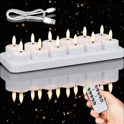Obrázek produktu pro 12 LED světel s nabíjecí stanicí a USB kabelem – elektrické svíčky s dálkovým ovládáním – časovač – s regulací jasu – teplá bílá