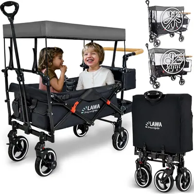 Produktbild von Famanu Bollerwagen mit Dach für Kinder - Strandwagen mit Regenverdeck, Becherhalter & Stoßdämpfer, Tragfähigkeit 80kg, Für Kinder von 1 bis 8 Jahren