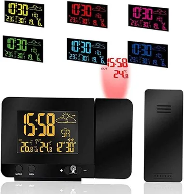 Productafbeelding van Digitale Projectiewekker met Binnen- en Buitentemperatuur, Weersvoorspelling, Snoozefunctie, 8 Achtergrondverlichtingskleuren, USB-oplaadpoor