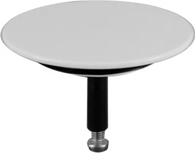 A white drain stopper with a black stem and silver screw thread.