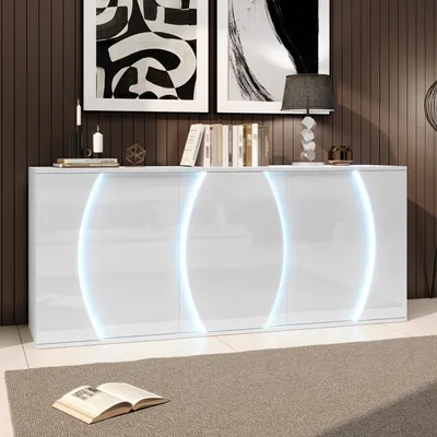 Image de Meuble de salon de 150 cm avec 3 portes et éclairage LED – Buffet blanc brillant, 150 x 40 x 70 cm, portes design, meuble de rangement moderne