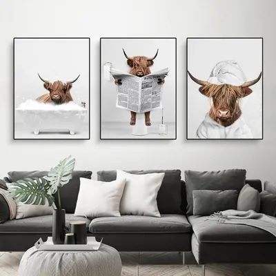 3er-Set Poster Highland-Kuh, Tiere, Schwarz-Weiß, 60x90 cm