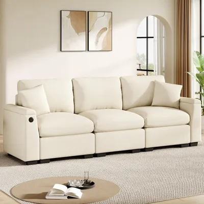Obrázek produktu pro okwish moderní třímístná pohovka s lenoškou a sklápěcím opěradlem, relaxační sofa s držáky na nápoje a úložným prostorem, rozkládací pohovka s USB portem, béžová