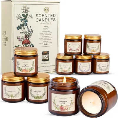 Obrázok produktu pre Darčeková súprava vonných sviečok, 10 kusov. Sojový vosk v skle, hmotnosť 100 g. Farba: amber (tmavožltá). Doba horenia: 250 hodín. Vhodné na aromaterapiu