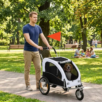 Produktbild von Hundebuggy & Fahrradanhänger 2-in-1 faltbar, Hundefahrradanhänger, 600D Oxford, Weiß | 160x71x101 cm | bis 20 kg | Luftreifen 16"