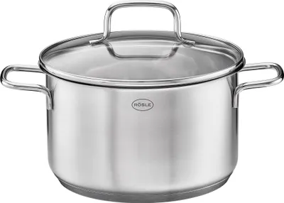 Produktbild von RÖSLE Kochtopf Edelstahl, Ø 24 cm, L 33.7 cm, B 25.7 cm, H 20.6 cm, mit Glasdeckel, Basic Line, für alle Herdarten und Backofen, gekapselter Aluminiumkern-Boden, tropffreier Schüttrand