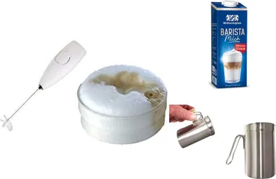 Produktbild von Weihenstephan Barista 1l, Milch + Milchkännchen aus Edelstahl Milk Pitcher 350ml/12oz Milchkanne Milchschaumkännchen Milch Aufschäumen für Cappuccino und Latte Art, Silber + Turbo-Mixer