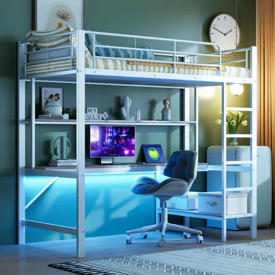 Obrázek produktu pro okwish Patrová postel (90 x 200 cm) Dětská postel, Jednolůžko s LED osvětlením & psacím stolem, S USB a napájecí zásuvkou, bez matrace, bílá