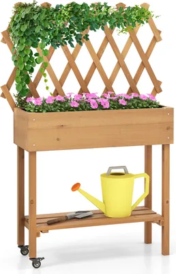 Zdjęcie produktu dla Podwyższona donica COSTWAY z kratką, schowkiem, zamykanymi kółkami i wyściółką z tkaniny, podwyższona donica 90x29x129 cm