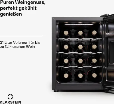 Produktbild von Klarstein Freistehender Weinkühlschrank 1 Zone, Getränkekühlschrank Klein, Kleiner Weinschrank, Wein-Kühlschrank Klein mit Glastür, Indoor/Outdoor Flaschenkühlschrank, Wine Fridge, 12 Flaschen