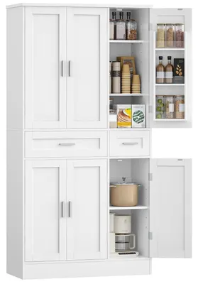 Obrázek produktu pro Skříň s policemi, kuchyňská skříň, komoda, 6 dveří, 2 zásuvky, moderní design, bílá barva, rozměry 40 x 92 x 180 cm, model PT30003X