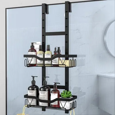 Image de Etagère de douche suspendue - Inoxydable et sans perçage - 2 niveaux - Noir