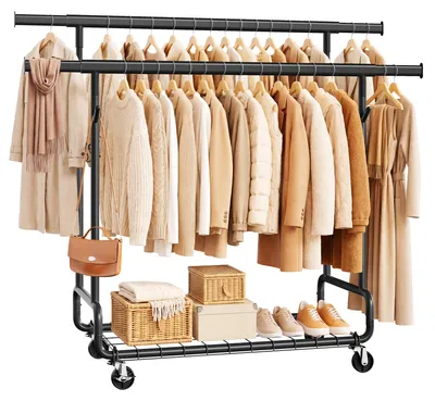 Produktbild von SONGMICS Kleiderständer, Schwerlast-Garderobenständer, auf Rollen, 2 ausziehbare Kleiderstangen, verstellbare Höhe, mit Ablage, Haken, tintenschwarz