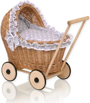 Immagine prodotto di Bambola in vimini - passeggino per bambole in vimini - con lenzuola e morbida imbottitura