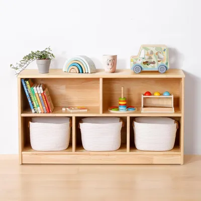 Image de Étagère pour enfants, meuble de rangement pour jouets, en bois d'hévéa, 5 compartiments, dimensions : 110 x 30 x 60 cm