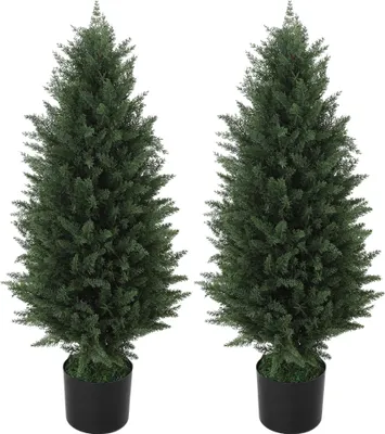 Produktbild von 2er-Set Künstliche Zypressen, Kunstbäume mit 831 Blättern, mit Zementtopf, UV-beständig, Kunstpflanze, 90 cm, Grün