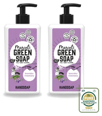 Immagine prodotto di 2 confezioni di sapone liquido per le mani "Marcel's Green Soap", profumato alla lavanda e al rosmarino, da 500 ml ciascuna. Confezione da 2 pezzi