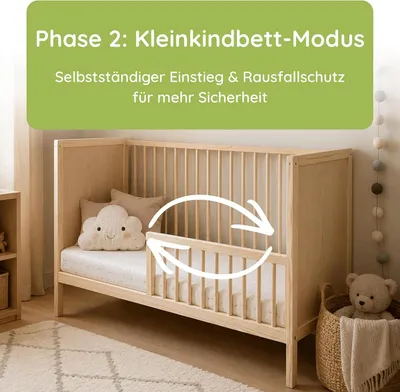 Produktbild von Babybett Kinderbett Beistellbett | Modulares Gitterbett Lattenrost 3-Fach höhenverstellbar & abnehmbare Sprossen | Baby Bett Holz Kinderzimmer | 120x60 cm | Natur
