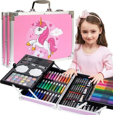 A young girl is shown with an open art set, which is pink and decorated with a unicorn. The art set contains various drawing and painting supplies.