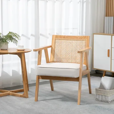 Productafbeelding van Fauteuil - Loungefauteuil - Zetel - Rattan Rugleuning - Stevige Rubberhouten Constructie - Ademend Zitkussen