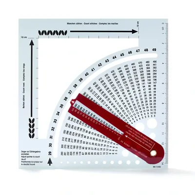A knitting calculator tool with various measurement scales and a rotating pointer.