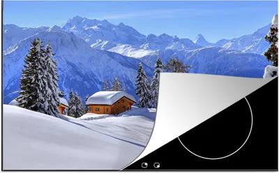 Produktbild von KitchenYeah© Herdabdeckplatte Hütte in der Winterlandschaft der Schweiz , 81x52cm, Küche Deko, Glaskeramikkochfeld Herdabdeckung, Abdeckplatte fùr Kochfeld
