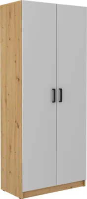A two-door wardrobe with a wood-effect side and gray doors.