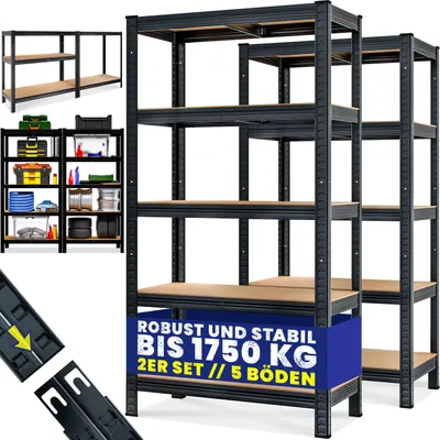 Produktbild von MONZANA® 2X Schwerlastregal 180x90x40cm Schwarz 1750kg 10 MDF-Platten Montagematerial Kellerregal Lagerregal Steckregal Metallregal Werkstattregal