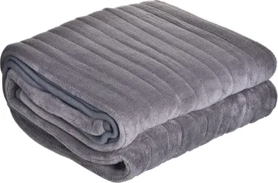 A folded gray heated blanket on a white background.