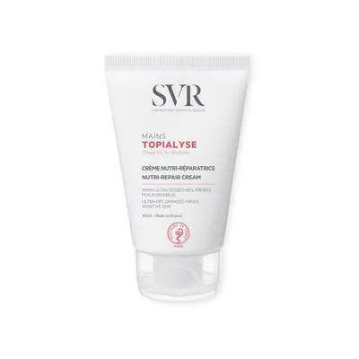 A white tube of SVR Topialyse hand cream is shown against a white background.