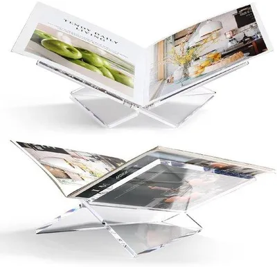 Imagen del producto de Soportes transparentes de acrílico para libros, con refuerzos transversales. Ideal para libros, libros de cocina, libros de estudio, revistas, y para presentaciones. De gran tamaño