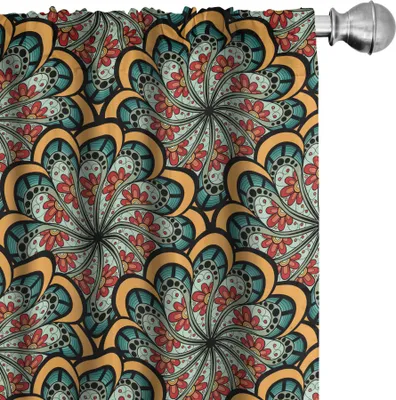 Immagine prodotto di ABAKUHAUS Tende Paisley, tende, fiori ondulati dal design etnico in stile marocchino, 2 pezzi 75 x 245 cm, marrone, verde e giallo