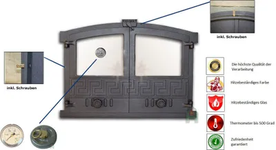 Produktbild von Backofentür Ofentür aus Gusseisen Pizzaofentür Steinofentür Gußeisen Thermometer H2004
