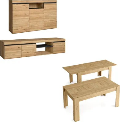 Produktbild von Set Naturale Wohnzimmer-Esszimmer, Anrichte, Sideboard-TV Schrank160cm-ausziehbarer Tisch Eiche/schwarz
