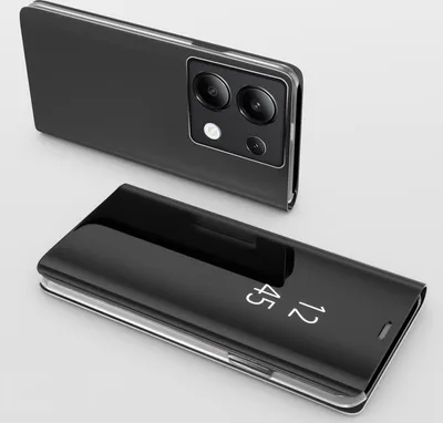 A black smartphone with a clear view flip case is shown from a slightly elevated angle against a light gray background. The phone is lying flat with the case closed, displaying the time.
