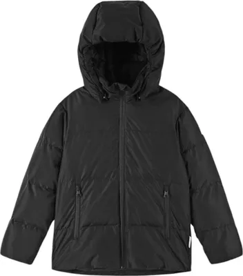 A black hooded winter jacket is shown against a white background.