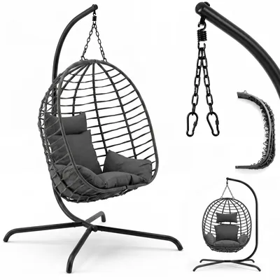 Produktbild von Sekey Hängesessel mit Gestell Hängekorb Sessel Rattan klappbarer Hängestuhl als Schaukel Outdoor Indoor Garten, Balkon bis 150 kg belastbar mit Kissen