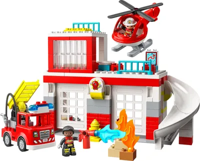 Produktbild von LEGO 10970 DUPLO Feuerwehrwache mit Hubschrauber, Feuerwehr-Spielzeug aus Bausteinen für Kleinkinder ab 2 Jahre, mit Feuerwehrauto und 2 Figuren, Geschenk für Mädchen und Jungen