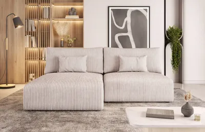 Produktbild von Easy4You Creme Ecksofa Creme Kord in L-Form 210x69x152 cm mit Schlaffunktion und Bettzeugbehälter - Schlafsofa mit Bettkasten - Eckcouch mit Stauraum - Stoff: POSO 100