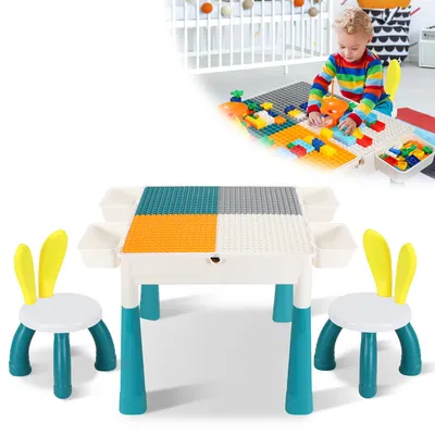 Immagine prodotto di Hengda Set di sedute per bambini con 2 sedie, 251 pezzi di blocchi da costruzione Tavolo per bambini Set di mobili per bambini Tavolo da gioco per bambini Tavolo multiuso per
