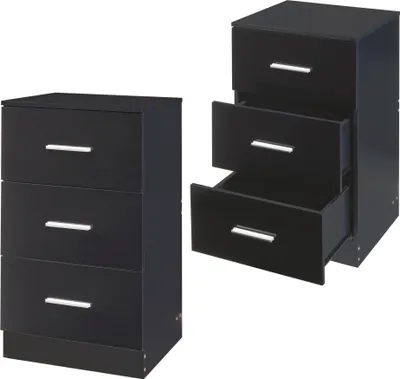 Two black bedside tables with three drawers each, one with drawers open.