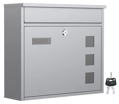 Produktbild von Wiltec Briefkasten V12 silberfarben 360 x 105 x 315 mm, Wandbriefkasten mit Schloss, Sichtfenstern und Namensschild, Postkasten aus Stahl galvanisiert