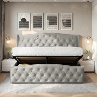Immagine prodotto di Letto imbottito UnboxG 160x200cm con rete a doghe, letto a molle idrauliche con rete e testiera, letto contenitore letto funzionale letto matrimoniale grigio velluto