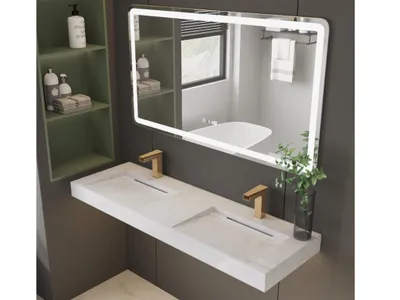 Produktbild von Vente-unique Doppelwaschbecken KODIAK, Solid Surface, Marmor-Optik, diskreter integrierter Ablauf, Weiß, hängend, 140 x 45 x 8 cm, Prestige Edition
